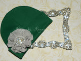 Green Beanie Hat with Rhinestone Chiffon Flower